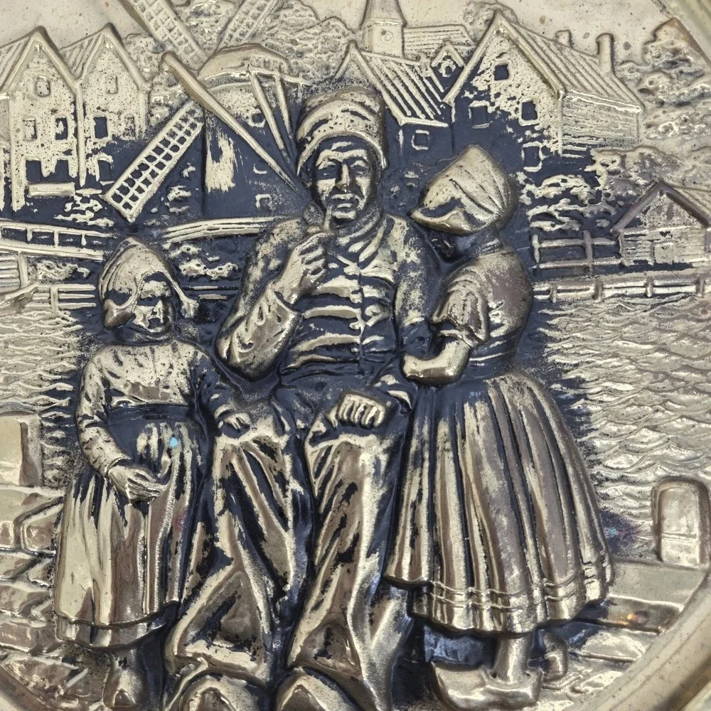 Vintage Lombard England‎ Brass Wall Plaque Dutch Windmill Scene Embossed 15